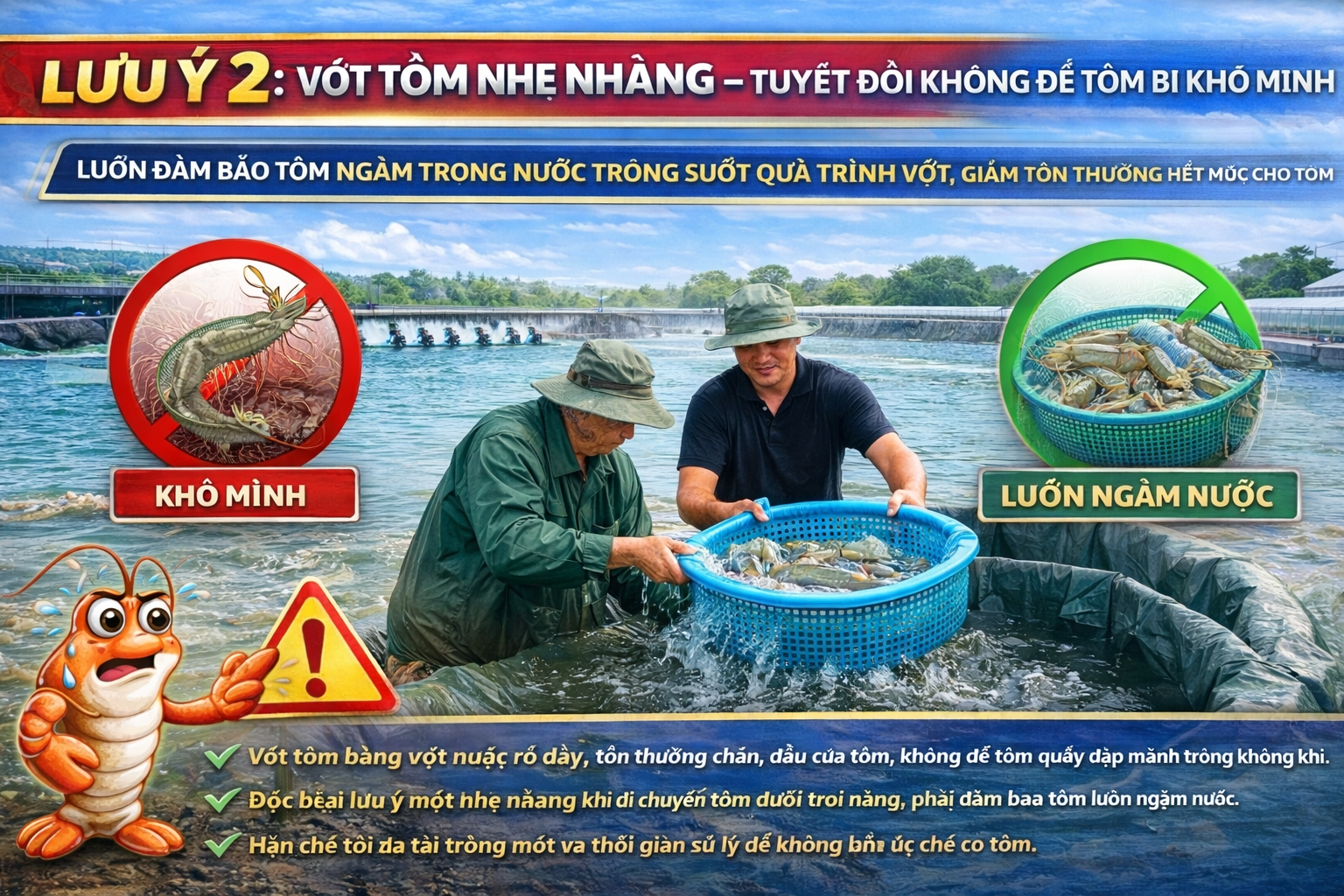 LƯU Ý 2: VỚT TÔM NHẸ NHÀNG – TUYỆT ĐỐI KHÔNG ĐỂ TÔM BỊ KHÔ MÌNH