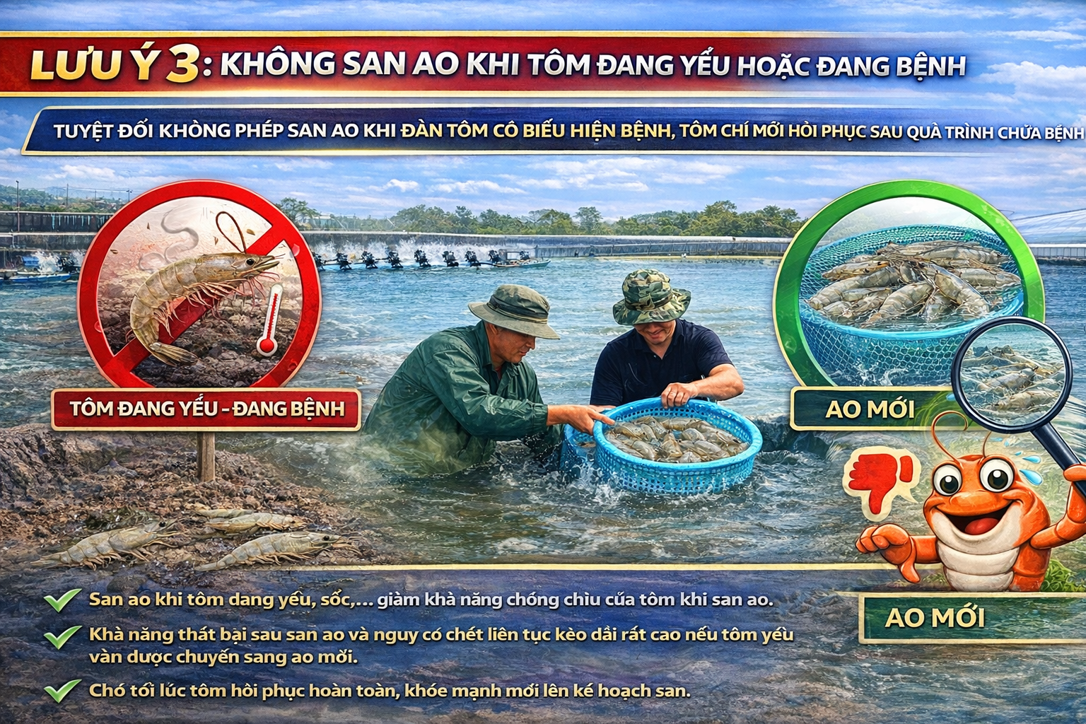 LƯU Ý 3: KHÔNG SAN AO KHI TÔM ĐANG YẾU HOẶC ĐANG BỆNH