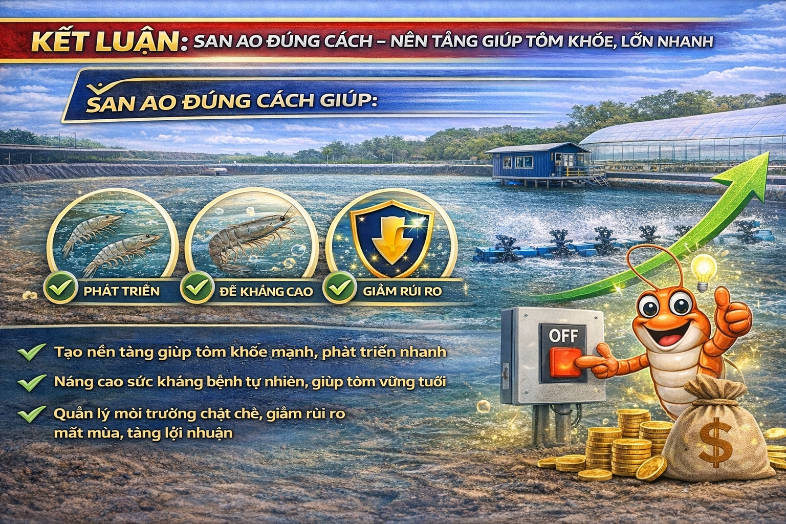 KẾT LUẬN: SAN AO ĐÚNG CÁCH – NỀN TẢNG GIÚP TÔM KHỎE, LỚN NHANH VÀ GIẢM RỦI RO CẢ VỤ NUÔI