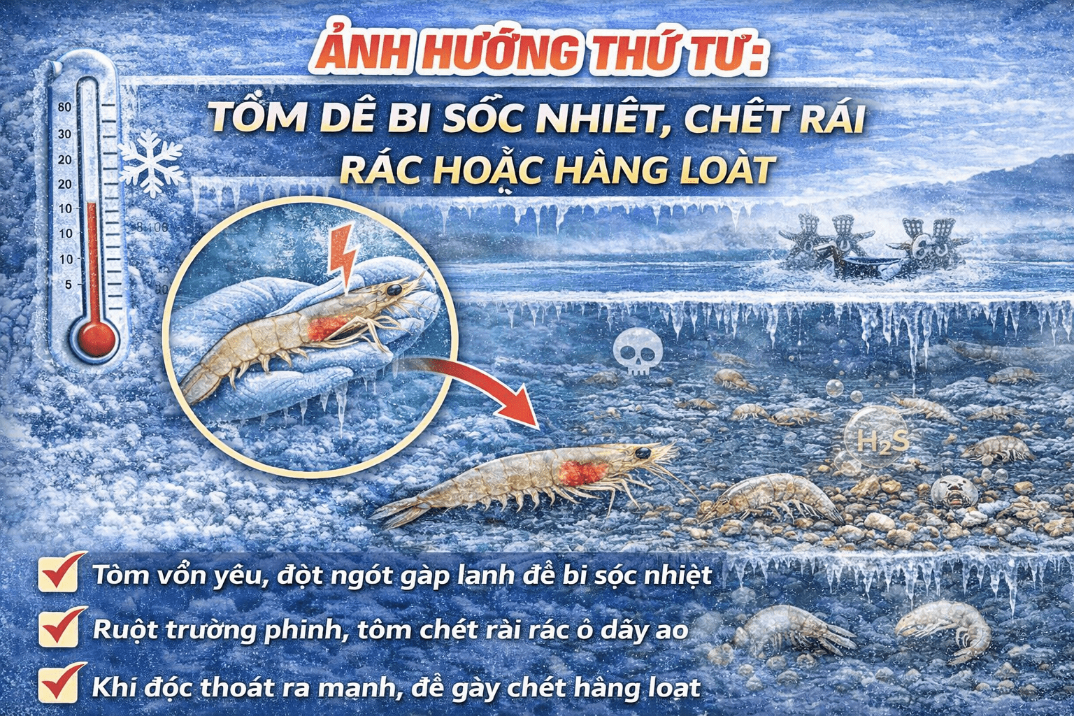 ẢNH HƯỞNG THỨ TƯ: TÔM DỄ BỊ SỐC NHIỆT, CHẾT RẢI RÁC HOẶC HÀNG LOẠT