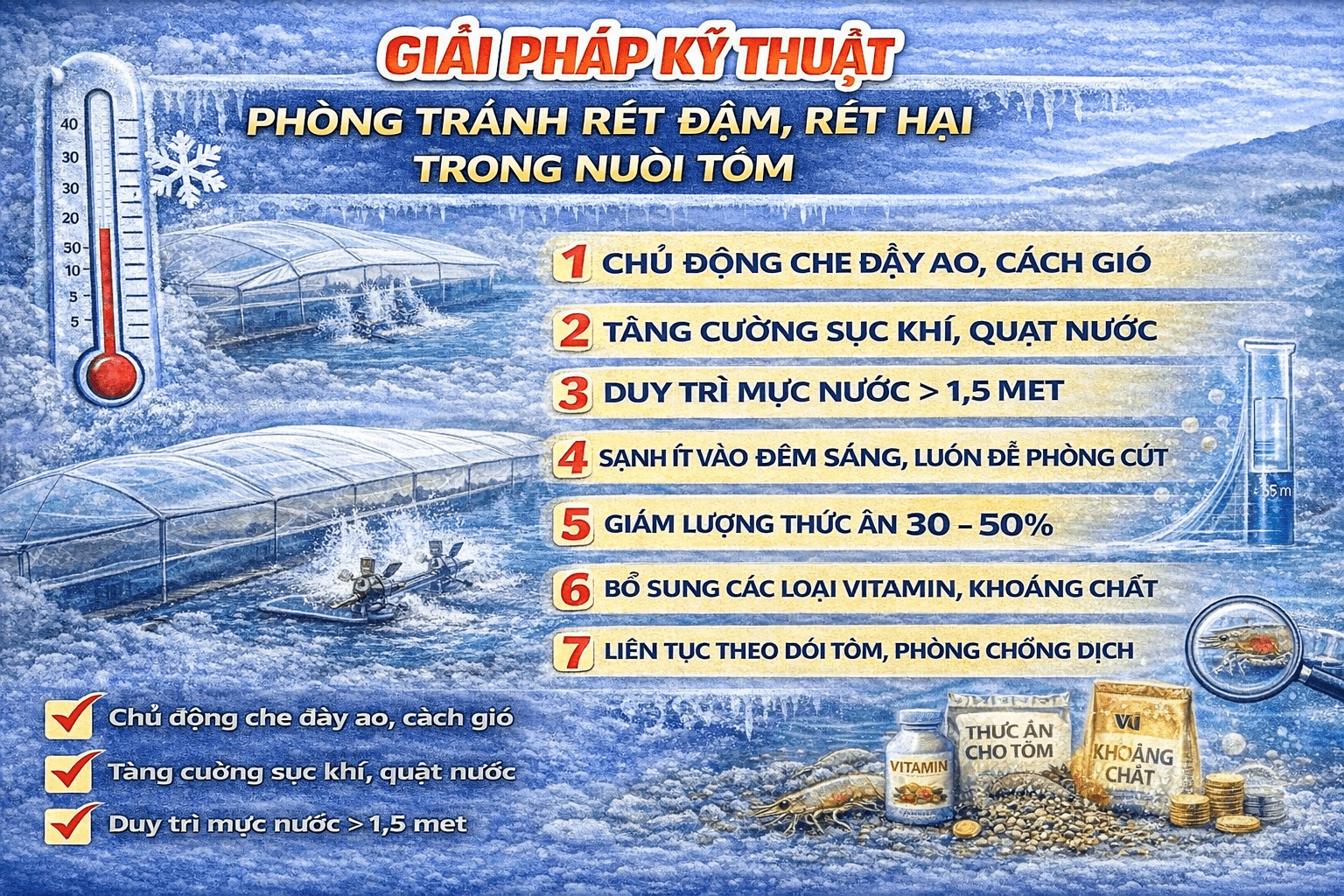 GIẢI PHÁP KỸ THUẬT PHÒNG TRÁNH RÉT ĐẬM, RÉT HẠI TRONG NUÔI TÔM