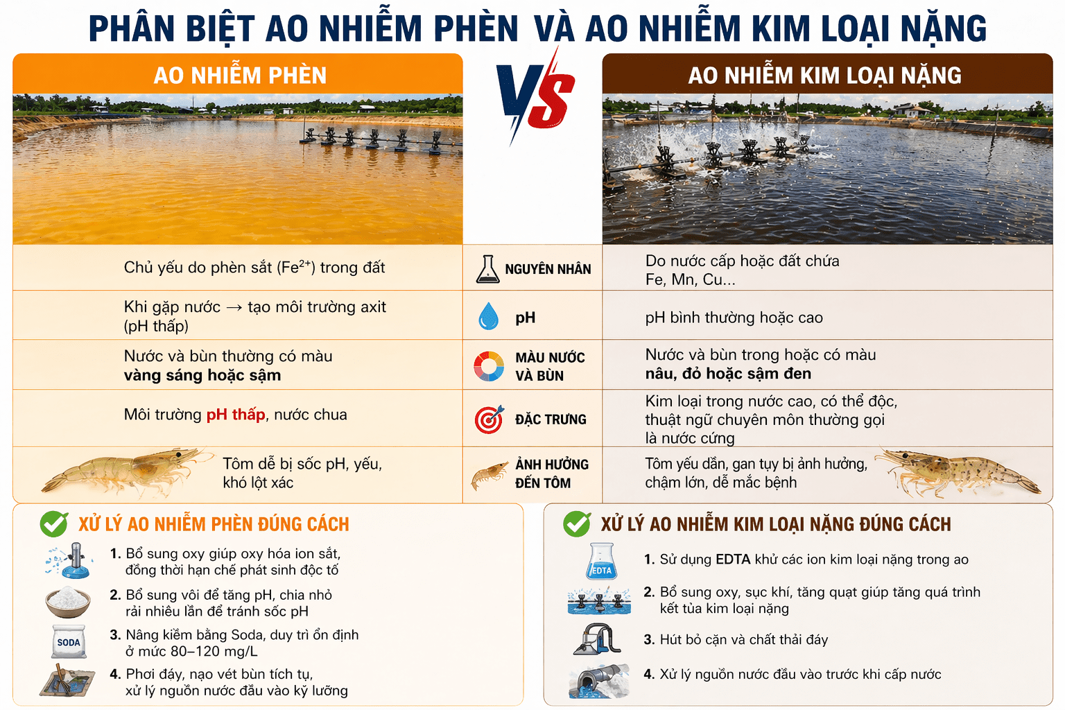 Phân biệt ao nhiễm phèn và ao nhiễm kim loại nặng
