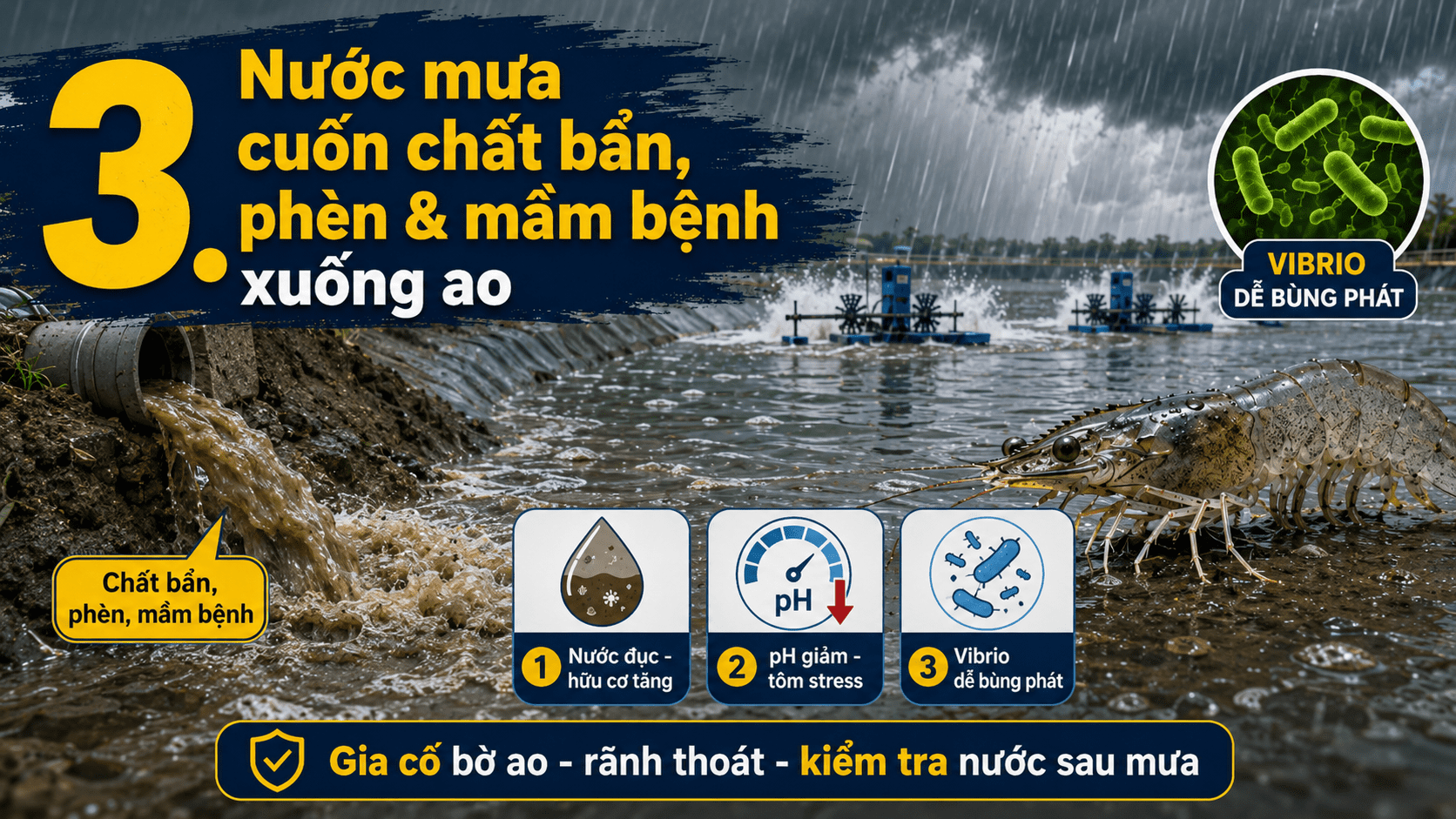 Nước mưa cuốn chất bẩn, phèn và mầm bệnh xuống ao
