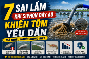 SỰ THẬT VỀ SIPHON ĐÁY AO – NHIỀU NGƯỜI LÀM SAI KHIẾN TÔM YẾU DẦN MÀ KHÔNG BIẾT Siphon đáy ao là gì? Vì sao ngày càng quan trọng trong nuôi tôm hiện đại? Ngoài việc làm sạch đáy ao, siphon đáy ao còn giúp giảm áp lực môi trường cho toàn bộ hệ thống nuôi. Khi lượng hữu cơ dưới đáy được kiểm soát tốt, quá trình phân hủy sẽ diễn ra ổn định hơn, hạn chế tình trạng thiếu oxy ở tầng đáy và giảm nguy cơ khí độc bùng phát đột ngột. Đây là yếu tố cực kỳ quan trọng trong các mô hình nuôi mật độ cao hiện nay, nơi lượng thức ăn và chất thải phát sinh mỗi ngày lớn hơn rất nhiều so với các mô hình nuôi truyền thống. Một ao nuôi không siphon đáy ao trong thời gian dài thường sẽ xuất hiện lớp bùn đáy dày, nhớt và có màu đen hoặc xám đậm. Đây là dấu hiệu cho thấy hữu cơ đang tích tụ vượt quá khả năng phân hủy tự nhiên của ao. Khi đó, đáy ao sẽ bắt đầu tiêu hao oxy rất mạnh và tạo điều kiện cho các loại vi khuẩn có hại phát triển nhanh hơn. Nếu tiếp tục kéo dài, môi trường nước sẽ ngày càng mất ổn định, khiến tôm dễ stress, giảm ăn và chậm lớn. Trong thực tế, rất nhiều người chỉ tập trung quản lý màu nước hoặc lượng thức ăn mà quên mất rằng nền đáy ao mới là nơi quyết định sức khỏe lâu dài của tôm. Một ao có màu nước đẹp chưa chắc đã là ao khỏe, nhưng một ao có nền đáy ổn định, ít khí độc và được siphon đáy ao đúng kỹ thuật thường sẽ cho tỷ lệ sống cao hơn rất nhiều. Đặc biệt trong giai đoạn tôm lớn nhanh, lượng phân thải tăng mạnh theo lượng thức ăn. Nếu không siphon đáy ao kịp thời, chất hữu cơ sẽ tích tụ cực nhanh chỉ sau vài ngày. Đây cũng là lý do nhiều ao nuôi đang bình thường nhưng sau một đợt thời tiết xấu hoặc mưa lớn lại xuất hiện hiện tượng tôm nổi đầu, mềm vỏ hoặc chết rải rác. Nguyên nhân thật sự không phải do thời tiết đơn thuần, mà là do đáy ao đã tích tụ quá nhiều khí độc từ trước đó. Ngoài việc giảm khí độc, siphon đáy ao còn giúp hạn chế sự phát triển của các loại vi khuẩn gây bệnh như Vibrio. Khi lớp hữu cơ dư thừa dưới đáy giảm xuống, nguồn dinh dưỡng cho nhóm vi khuẩn này cũng giảm theo. Điều này giúp môi trường ao ổn định hơn và giảm nguy cơ bùng phát các bệnh nguy hiểm liên quan đến gan tụy và đường ruột. Ngày nay, trong nhiều mô hình nuôi tôm công nghệ cao, siphon đáy ao không còn là công việc xử lý đơn thuần mà đã trở thành một phần quan trọng trong chiến lược quản lý môi trường tổng thể. Người nuôi không chỉ siphon đáy ao để hút chất bẩn, mà còn kết hợp với quản lý oxy, vi sinh, thức ăn và kiểm soát khí độc nhằm giữ cho hệ sinh thái ao nuôi luôn ở trạng thái ổn định nhất. Có thể nói rằng, nếu thức ăn quyết định tốc độ tăng trưởng thì nền đáy ao lại quyết định sức khỏe và tỷ lệ sống của tôm. Và muốn nền đáy ổn định lâu dài, người nuôi bắt buộc phải hiểu đúng và thực hiện đúng kỹ thuật siphon đáy ao. Vì sao siphon đáy ao lại ảnh hưởng trực tiếp đến sức khỏe tôm? Trong ao nuôi tôm, gần như mọi chất thải cuối cùng đều lắng xuống đáy. Theo thời gian, đáy ao trở thành nơi tập trung của phân tôm, thức ăn dư, xác tảo chết và các chất hữu cơ chưa phân hủy hết. Ban đầu, khi lượng hữu cơ còn thấp và oxy đáy vẫn đủ, hệ vi sinh có lợi sẽ giúp phân hủy các chất này tương đối ổn định. Tuy nhiên, khi mật độ nuôi cao và lượng chất thải vượt quá khả năng xử lý tự nhiên của ao, oxy ở tầng đáy bắt đầu giảm mạnh. Đây là thời điểm môi trường yếm khí hình thành. Trong điều kiện thiếu oxy, các vi khuẩn yếm khí bắt đầu hoạt động mạnh và sinh ra hàng loạt khí độc nguy hiểm như H2S, NH3 và CH4. Đặc biệt, H2S được xem là một trong những khí độc nguy hiểm nhất trong nuôi tôm. Chỉ cần hàm lượng nhỏ tăng lên cũng đủ khiến tôm stress mạnh, tổn thương mang, giảm miễn dịch và dễ bùng phát bệnh. Điều nguy hiểm là phần lớn khí độc không xuất hiện ngay trong nước mà thường nằm sâu trong lớp bùn đáy. Khi môi trường còn ổn định, tôm có thể vẫn sống bình thường. Nhưng chỉ cần xuất hiện một yếu tố tác động như mưa lớn, tảo tàn, quạt yếu hoặc siphon đáy ao sai cách, toàn bộ lớp khí độc này sẽ thoát lên nước rất nhanh. Rất nhiều trường hợp người nuôi gặp tình trạng buổi sáng siphon đáy ao, đến chiều tôm giảm ăn hoặc ban đêm nổi đầu. Nguyên nhân không phải vì siphon đáy ao “không hiệu quả”, mà vì quá trình siphon đáy ao đã làm khuấy động lớp khí độc tích tụ lâu ngày bên dưới. Đó là lý do vì sao nhiều chuyên gia thủy sản cho rằng đáy ao mới là nơi quyết định thắng thua của cả vụ nuôi. Một ao có màu nước đẹp chưa chắc là ao khỏe, nhưng một ao có đáy ổn định và siphon đáy ao đúng kỹ thuật gần như luôn có tỷ lệ sống cao hơn. Siphon đáy ao giúp giảm khí độc và ổn định môi trường như thế nào? Khi siphon đáy ao đúng cách, lớp hữu cơ dư thừa dưới đáy sẽ được loại bỏ dần, giúp giảm lượng nguyên liệu tạo khí độc. Đồng thời, siphon đáy ao còn giúp hạn chế sự phát triển của vi khuẩn yếm khí và giảm áp lực môi trường cho tôm. Những ao siphon đáy ao định kỳ thường: • Ít khí độc hơn • Ít bùng phát Vibrio hơn • Tảo ổn định hơn • Tôm ăn mạnh hơn • Gan tụy khỏe hơn Ngược lại, những ao không siphon đáy ao hoặc siphon đáy ao không đúng kỹ thuật thường rất dễ gặp tình trạng: • Đáy đen • Có mùi hôi • Tôm nổi đầu • Đường ruột yếu • Tôm chậm lớn • Tỷ lệ sống thấp Đây là lý do siphon đáy ao ngày càng trở thành kỹ thuật bắt buộc trong các mô hình nuôi hiện đại. Những sai lầm khi siphon đáy ao khiến tôm yếu dần mà nhiều người không biết Nghĩ rằng siphon đáy ao càng nhiều càng tốt Đây là hiểu lầm phổ biến nhất hiện nay. Rất nhiều người cho rằng đáy ao càng sạch thì càng an toàn, vì vậy họ siphon đáy ao liên tục với mục tiêu hút thật sạch toàn bộ chất bẩn dưới đáy. Nhưng thực tế, siphon đáy ao quá mức lại là nguyên nhân khiến rất nhiều ao mất ổn định. Đáy ao không chỉ chứa chất thải mà còn là nơi tồn tại của hệ vi sinh có lợi. Những vi khuẩn này đóng vai trò phân hủy hữu cơ, ổn định môi trường và hỗ trợ cân bằng sinh học trong ao nuôi. Khi siphon đáy ao quá thường xuyên hoặc hút quá mạnh, hệ vi sinh có lợi cũng bị ảnh hưởng nghiêm trọng. Nhiều ao sau khi siphon đáy ao liên tục bắt đầu xuất hiện hiện tượng nước quá trong, tảo giảm mạnh, pH dao động lớn và tôm ăn yếu dần. Người nuôi thường nghĩ do thời tiết hoặc dịch bệnh, nhưng nguyên nhân thật sự lại nằm ở việc siphon đáy ao quá tay. Trong nuôi tôm hiện đại, mục tiêu không phải là làm cho ao sạch tuyệt đối, mà là giữ cho ao ổn định. Một ao có lượng hữu cơ thấp, vi sinh khỏe và khí độc được kiểm soát tốt sẽ luôn an toàn hơn một ao bị siphon đáy ao quá mạnh mỗi ngày. Siphon đáy ao quá mạnh khiến môi trường biến động đột ngột Một lỗi cực kỳ phổ biến khác là sử dụng lực hút quá mạnh khi siphon đáy ao. Nhiều người dùng máy công suất lớn hoặc ống hút lớn với suy nghĩ hút càng mạnh thì siphon đáy ao càng sạch nhanh. Nhưng chính điều này lại gây hại cho môi trường ao nuôi. Khi đáy ao bị khuấy động mạnh trong quá trình siphon đáy ao, lớp bùn tích tụ lâu ngày sẽ bị xáo trộn, khiến khí độc thoát lên rất nhanh. Đồng thời, lượng vi khuẩn đáy và chất hữu cơ phân hủy dở cũng phát tán khắp ao, làm môi trường biến động mạnh trong thời gian ngắn. Ở những ao có đáy dơ hoặc lượng bùn lớn, việc siphon đáy ao quá mạnh gần giống như đánh thức toàn bộ lớp độc tố bên dưới. Nhiều trường hợp tôm đang khỏe nhưng sau khi siphon đáy ao lại giảm ăn, nổi đầu hoặc chết rải rác vào sáng hôm sau. Điều đáng nói là người nuôi thường không nghĩ nguyên nhân do siphon đáy ao vì họ tin rằng mình đang làm sạch ao. Nhưng thực tế, chính thao tác siphon đáy ao quá mạnh đã khiến môi trường thay đổi đột ngột và làm tôm stress hàng loạt. Siphon đáy ao sai thời điểm Không chỉ kỹ thuật hút, mà thời điểm siphon đáy ao cũng đóng vai trò cực kỳ quan trọng. Hiện nay, rất nhiều người có thói quen siphon đáy ao vào buổi trưa hoặc chiều tối vì nghĩ lúc này dễ quan sát đáy hơn. Tuy nhiên, đây lại là những thời điểm môi trường ao rất dễ biến động. Buổi trưa thường là lúc nhiệt độ nước và pH tăng cao nhất trong ngày. Nếu tiếp tục khuấy động đáy ao bằng cách siphon đáy ao vào thời điểm này, môi trường sẽ biến động mạnh hơn, khiến tôm dễ stress. Trong khi đó, chiều tối lại là thời điểm oxy hòa tan bắt đầu giảm do tảo ngừng quang hợp. Nếu siphon đáy ao lúc này, lượng oxy trong nước sẽ giảm nhanh hơn vì vi sinh và chất hữu cơ dưới đáy tiêu hao oxy rất mạnh. Đây là lý do nhiều ao siphon đáy ao chiều nhưng ban đêm tôm nổi đầu hàng loạt. Chỉ siphon đáy ao ở giữa ao mà quên góc chết Một trong những lỗi kỹ thuật phổ biến nhất hiện nay là chỉ tập trung siphon đáy ao ở phần giữa ao mà bỏ quên các góc chết. Trong thực tế, chất bẩn thường tích tụ mạnh nhất ở các khu vực dòng chảy yếu như góc ao, quanh chân quạt hoặc những nơi ít lưu thông nước. Đây là nơi hữu cơ phân hủy mạnh và khí độc hình thành liên tục. Nhiều ao nhìn khu vực trung tâm rất sạch nhưng góc ao đã bắt đầu đen bùn từ rất lâu. Khi thời tiết thay đổi hoặc quạt nước hoạt động không hiệu quả, toàn bộ vùng khí độc này có thể bùng phát rất nhanh. Đây cũng là nguyên nhân khiến nhiều ao đột ngột xuất hiện hiện tượng tôm nổi đầu hoặc giảm ăn dù người nuôi vẫn siphon đáy ao định kỳ. Cách siphon đáy ao đúng kỹ thuật giúp tôm khỏe và ổn định hơn Muốn siphon đáy ao hiệu quả, điều quan trọng nhất là phải giữ được sự ổn định cho môi trường nước. Người nuôi nên siphon đáy ao vào buổi sáng sau khi mặt trời lên, khi oxy đã ổn định và môi trường chưa quá nóng. Đồng thời, không nên siphon đáy ao quá mạnh hoặc hút toàn bộ ao cùng một lúc. Trong quá trình siphon đáy ao, nên tăng cường oxy để hạn chế tình trạng thiếu oxy cục bộ do đáy bị khuấy động. Sau khi siphon đáy ao, có thể bổ sung vi sinh Bacillus nhằm hỗ trợ phân hủy phần hữu cơ còn sót lại và giúp hệ đáy ổn định nhanh hơn. Trong trường hợp đáy ao có mùi khí độc hoặc lượng hữu cơ cao, nhiều người nuôi thường sử dụng thêm Yucca để hỗ trợ hấp thụ khí độc và giảm stress cho tôm sau khi siphon đáy ao. Ngoài ra, bổ sung vitamin C, khoáng và men tiêu hóa sau siphon đáy ao cũng giúp tôm hồi phục tốt hơn sau khi môi trường biến động. Đây là bước rất nhiều ao nuôi bỏ qua. Họ siphon đáy ao xong là kết thúc, trong khi môi trường sau đó mới là giai đoạn cần được theo dõi kỹ nhất. Kết luận Siphon đáy ao là một kỹ thuật cực kỳ quan trọng trong nuôi tôm hiện đại. Tuy nhiên, điều nguy hiểm là rất nhiều người đang thực hiện siphon đáy ao theo thói quen mà không hiểu đúng bản chất của nó. Siphon đáy ao sai cách có thể khiến khí độc bùng phát, hệ vi sinh mất cân bằng, tảo biến động và tôm stress kéo dài. Ngược lại, nếu siphon đáy ao đúng kỹ thuật, đúng thời điểm và đúng mức độ, môi trường ao sẽ ổn định hơn rất nhiều, giúp tôm khỏe mạnh và tăng tỷ lệ sống. Trong nuôi tôm, ổn định luôn quan trọng hơn xử lý. Và muốn ổn định lâu dài, người nuôi bắt buộc phải hiểu đúng về siphon đáy ao. Thực tế cho thấy rất nhiều ao nuôi thất bại không phải vì thiếu thuốc hay thiếu vi sinh, mà vì nền đáy ao đã xuống cấp từ rất lâu nhưng không được phát hiện kịp thời. Khi khí độc tích tụ quá nhiều dưới đáy, tôm sẽ yếu dần theo thời gian, gan tụy suy giảm, đường ruột kém và sức đề kháng giảm mạnh. Đến khi xuất hiện dấu hiệu rõ ràng thì môi trường thường đã mất cân bằng nghiêm trọng. Đó là lý do người nuôi hiện đại không còn xem siphon đáy ao là công việc phụ, mà xem đây là một phần quan trọng trong chiến lược quản lý môi trường và phòng bệnh lâu dài. Một ao được siphon đáy ao đúng cách thường sẽ: • Ít khí độc hơn • Ít bùng phát Vibrio hơn • Tảo ổn định hơn • Tôm khỏe và ăn mạnh hơn • Tỷ lệ sống cuối vụ cao hơn Tuy nhiên, điều quan trọng nhất vẫn là sự cân bằng. Siphon đáy ao không phải càng nhiều càng tốt, mà cần thực hiện hợp lý dựa trên tình trạng thực tế của ao nuôi. Người nuôi cần kết hợp siphon đáy ao với quản lý thức ăn, kiểm soát khí độc, tăng oxy hợp lý và bổ sung hệ vi sinh phù hợp để duy trì môi trường ổn định lâu dài. Trong bối cảnh ngành nuôi tôm ngày càng phát triển theo hướng mật độ cao và thâm canh mạnh, việc hiểu đúng và thực hiện đúng kỹ thuật siphon đáy ao sẽ trở thành yếu tố quyết định hiệu quả của cả vụ nuôi. Bởi cuối cùng, đáy ao vẫn luôn là nơi quyết định sự ổn định của môi trường và sức khỏe của tôm. .7 SAI LẦM KHI SIPHON ĐÁY AO KHIẾN TÔM YẾU DẦN MÀ NHIỀU NGƯỜI KHÔNG BIẾT