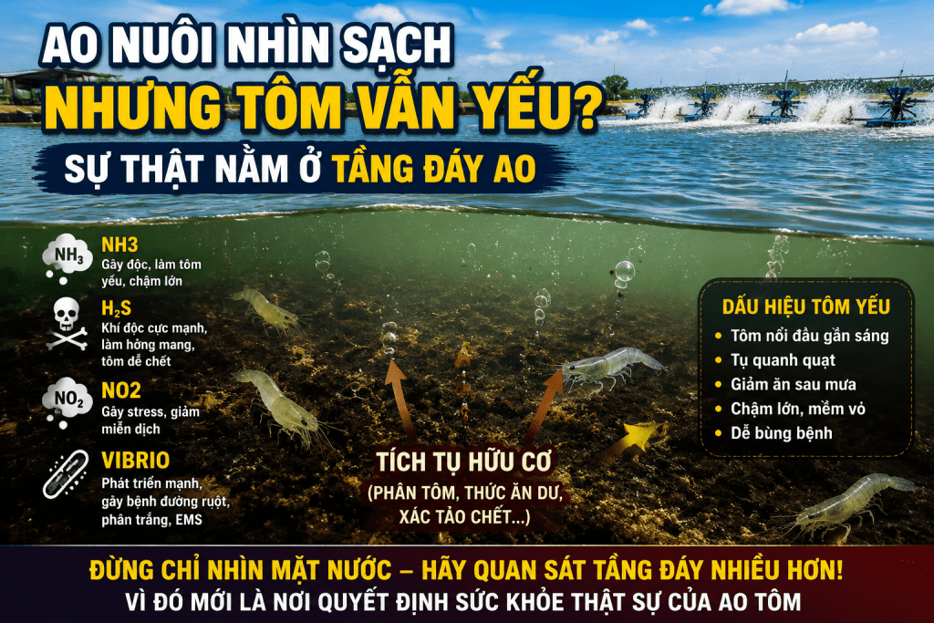 AO NUÔI NHÌN SẠCH NHƯNG TÔM VẪN YẾU? SỰ THẬT NẰM Ở TẦNG ĐÁY AO