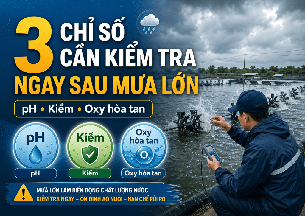 3 CHỈ SỐ CẦN KIỂM TRA NGAY SAU MƯA LỚN TRONG AO NUÔI THỦY SẢN