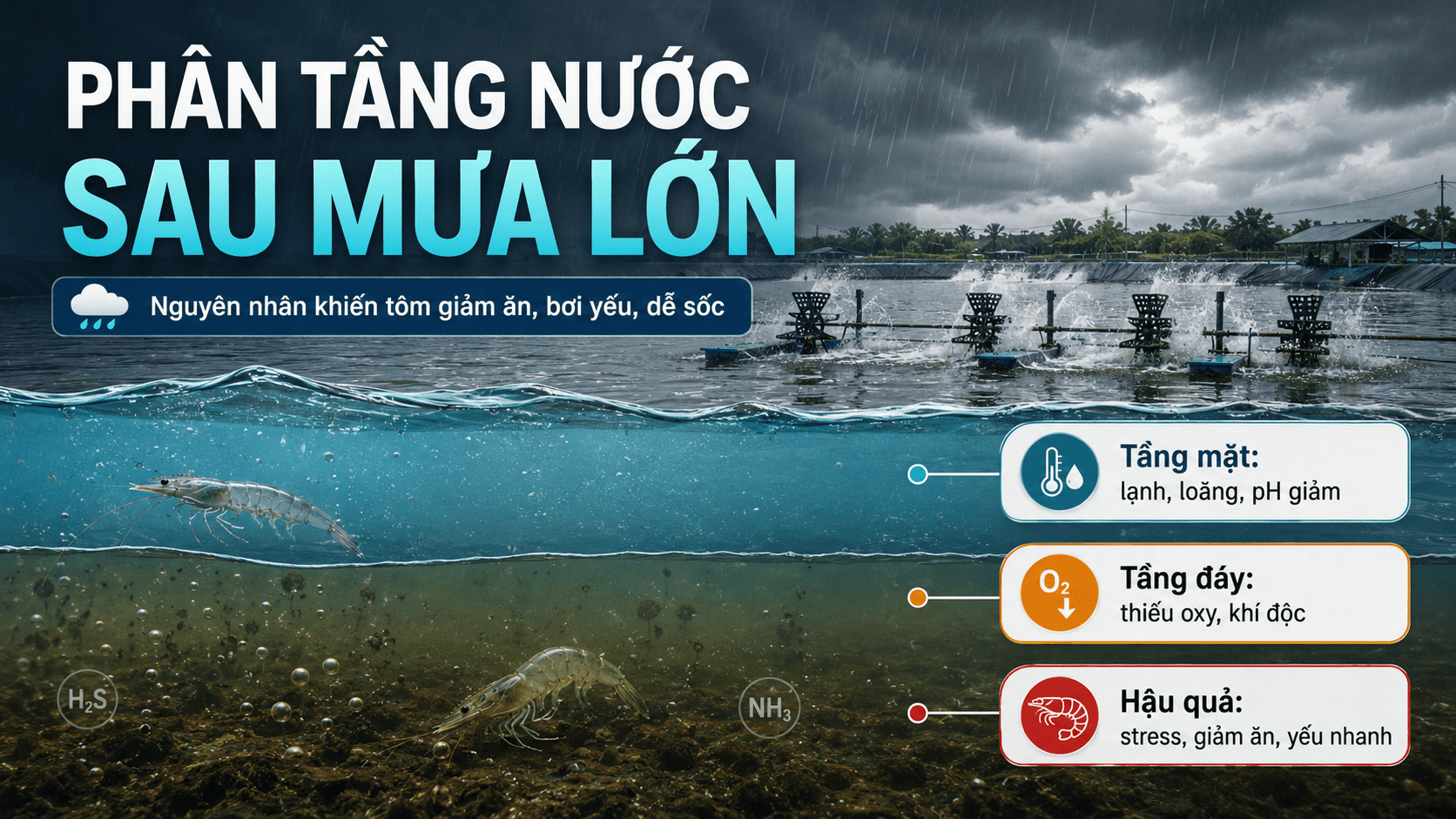 Phân tầng nước sau mưa lớn trong ao tôm: nguyên nhân, tác hại và cách xử lý