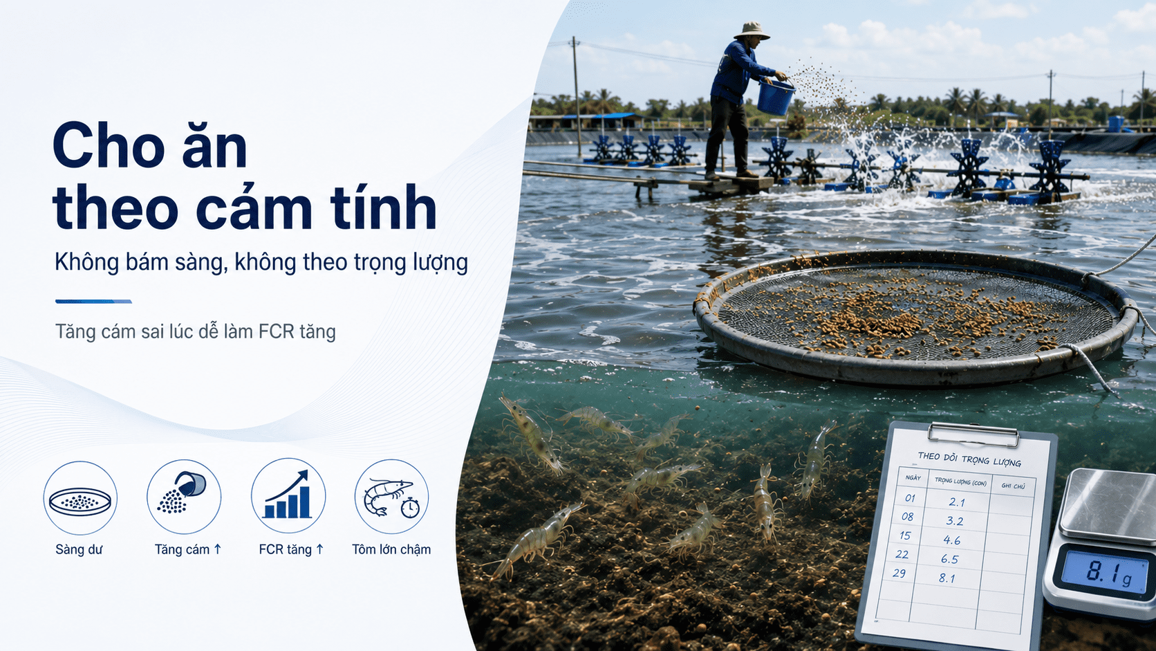 Cho ăn theo cảm tính, không bám sàng và trọng lượng thực tế