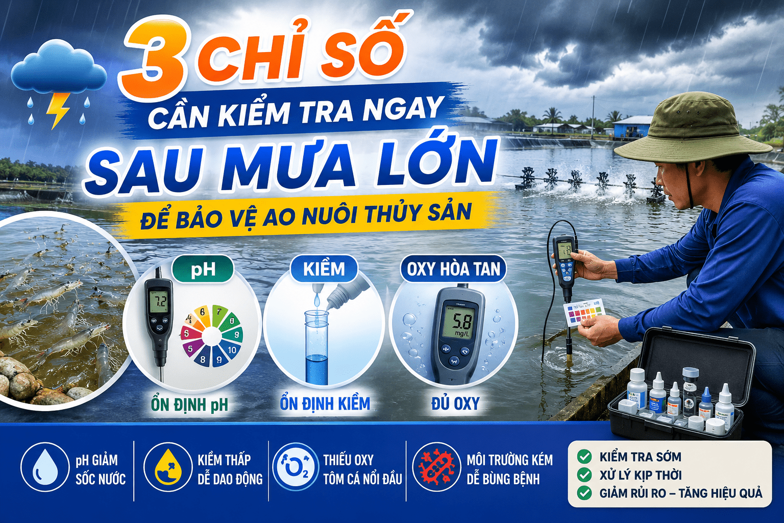 3 chỉ số cần kiểm tra ngay sau mưa lớn để bảo vệ ao nuôi thủy sản