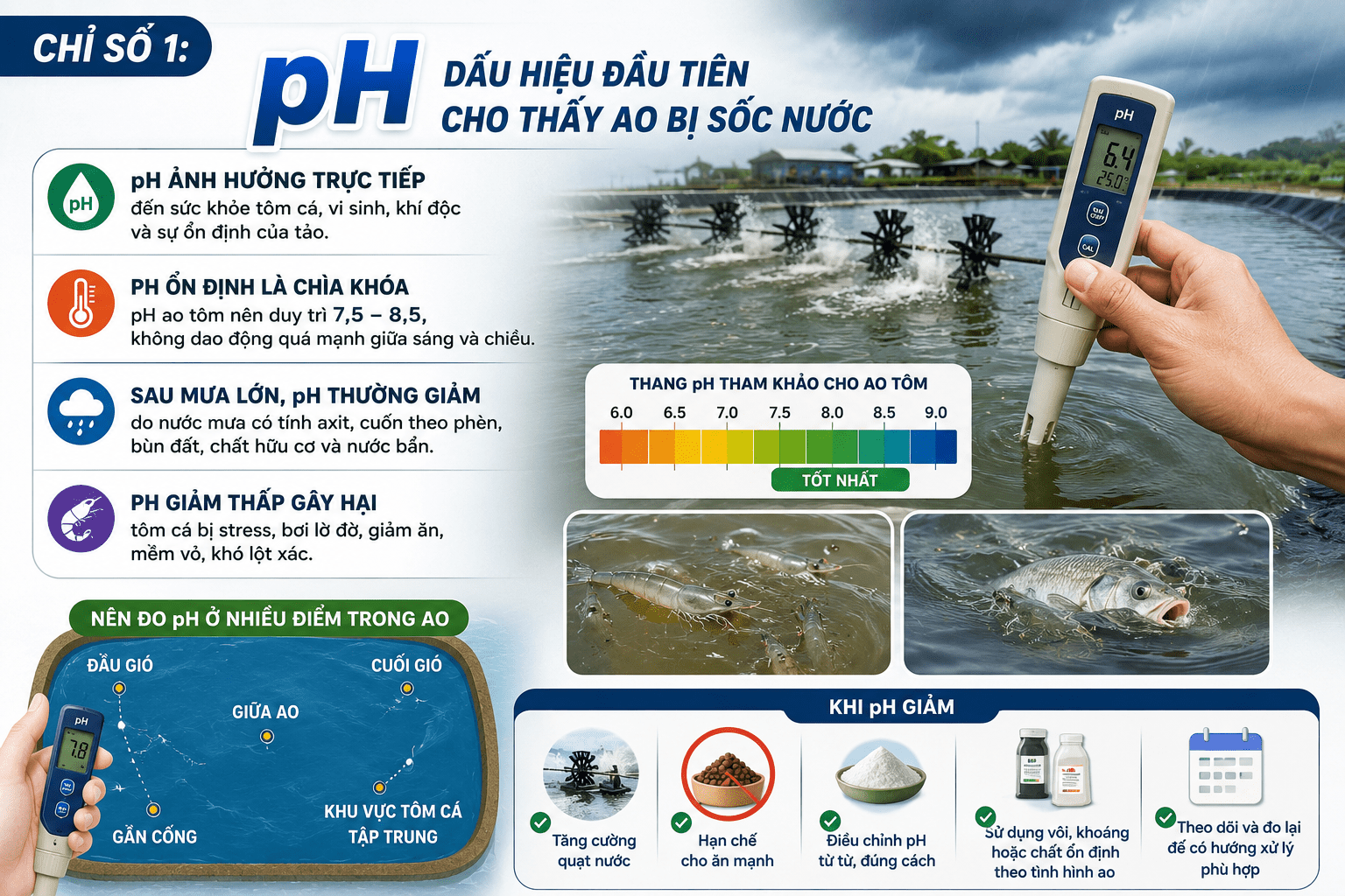 Chỉ số 1: pH – Dấu hiệu đầu tiên cho thấy ao bị sốc nước