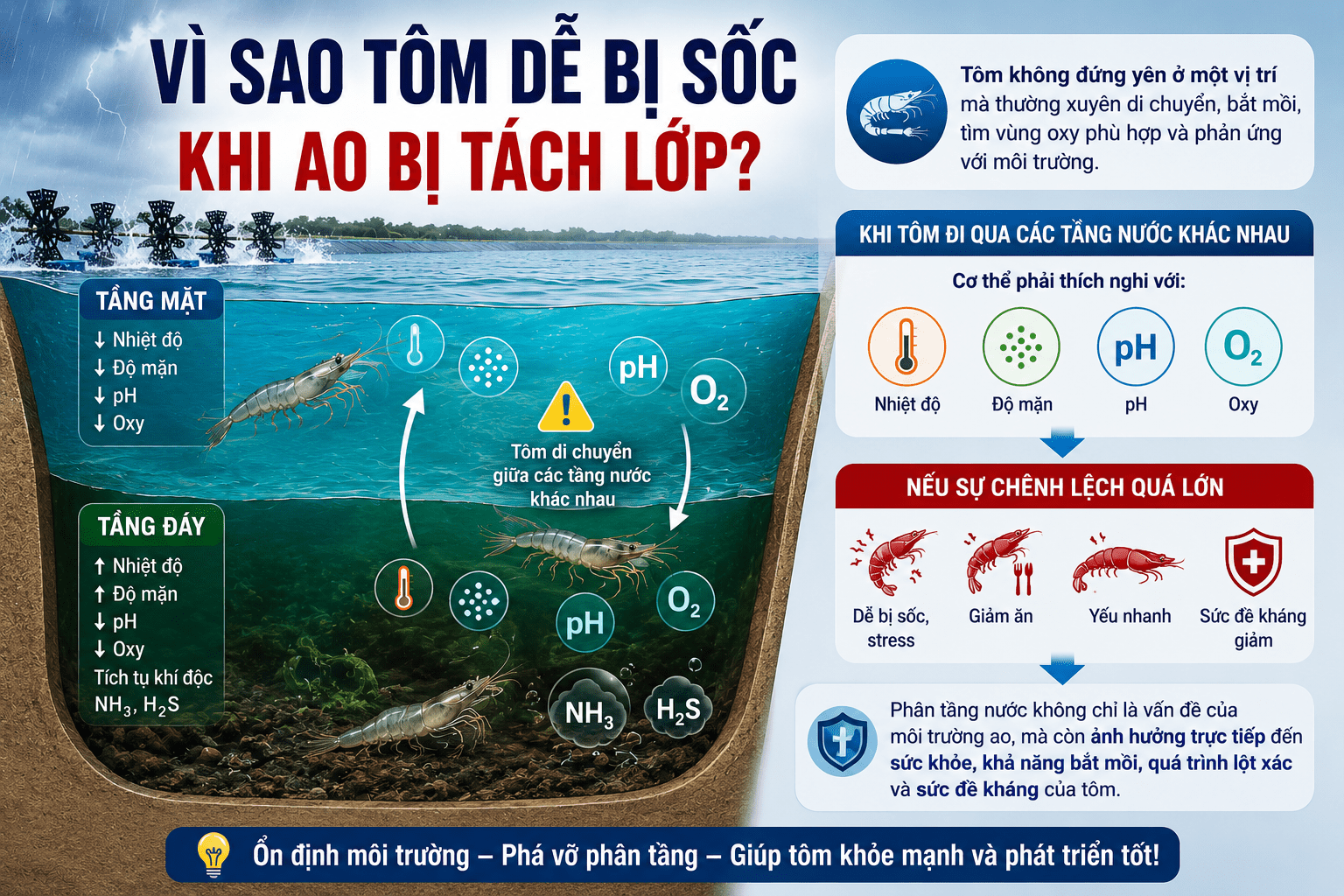 Vì sao tôm dễ bị sốc khi ao bị tách lớp?