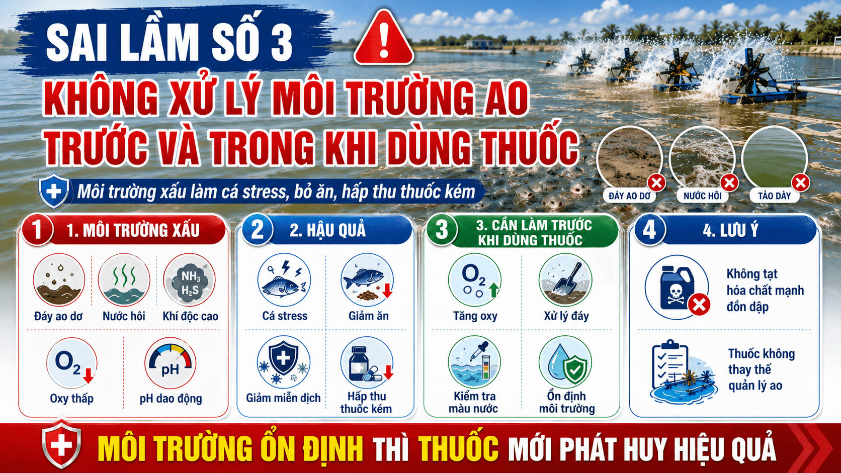 Sai lầm khi dùng kháng sinh số 3: Không xử lý môi trường ao trước và trong khi dùng thuốc