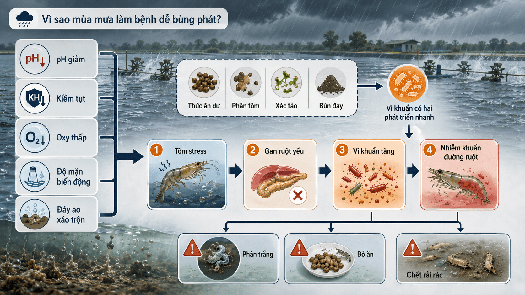 Vì sao mùa mưa làm bệnh dễ bùng phát trong ao tôm?