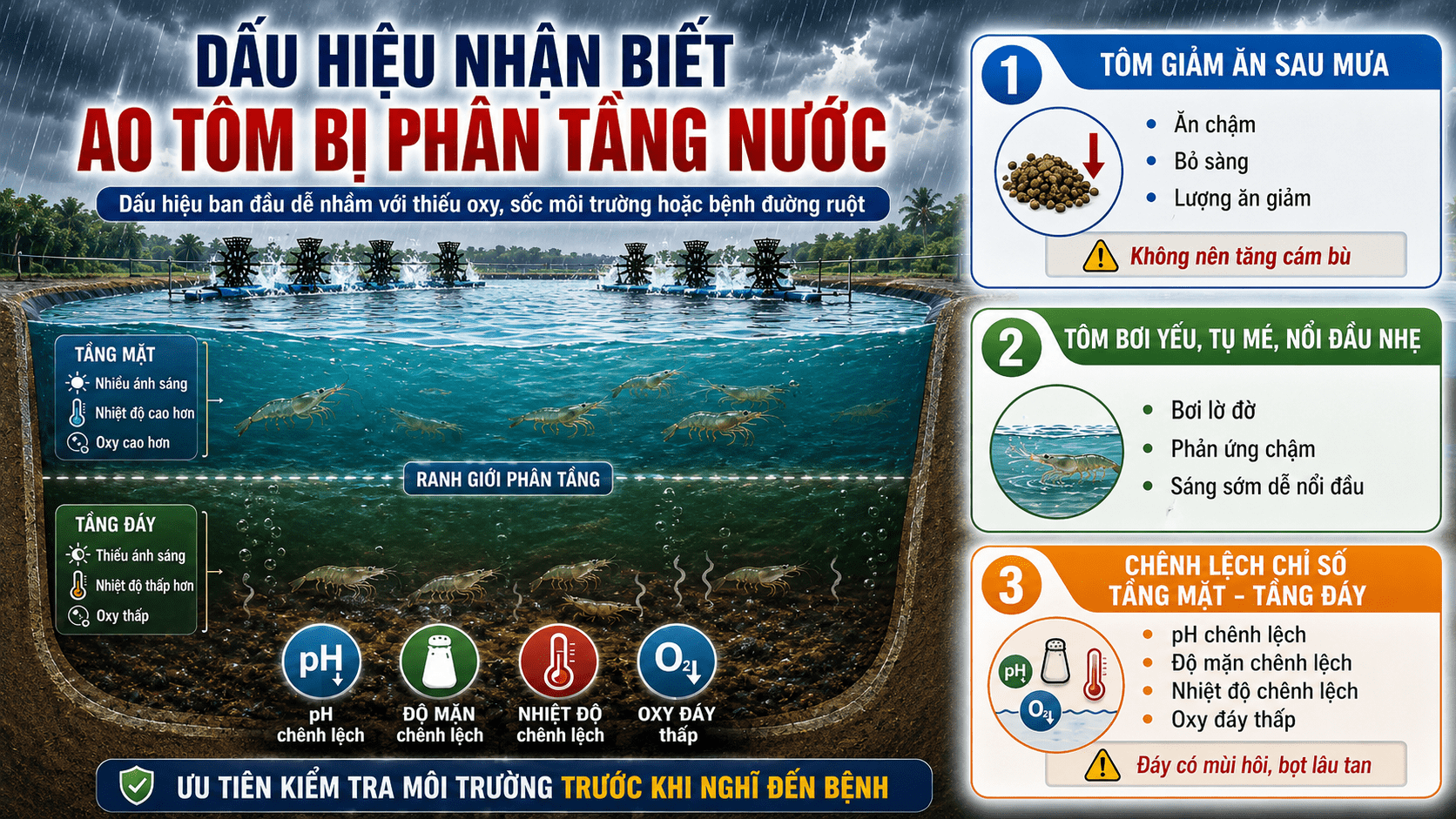 Dấu hiệu nhận biết ao tôm bị phân tầng nước