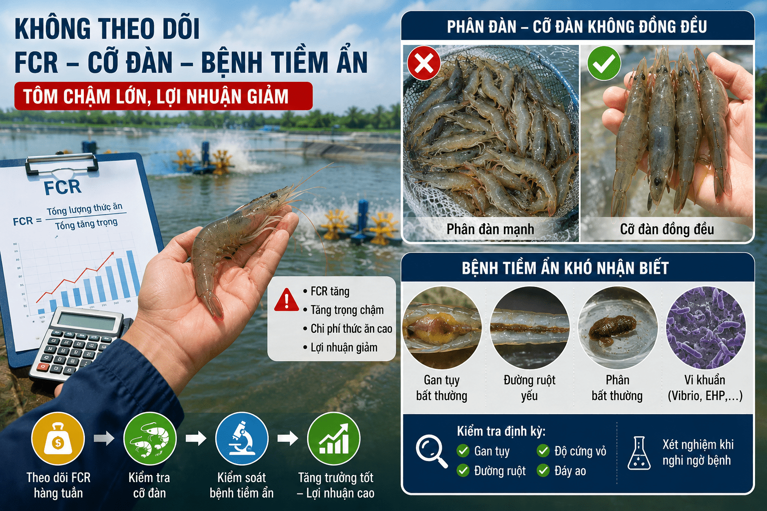 Không theo dõi FCR, cỡ đàn và bệnh tiềm ẩn khiến tôm chậm lớn
