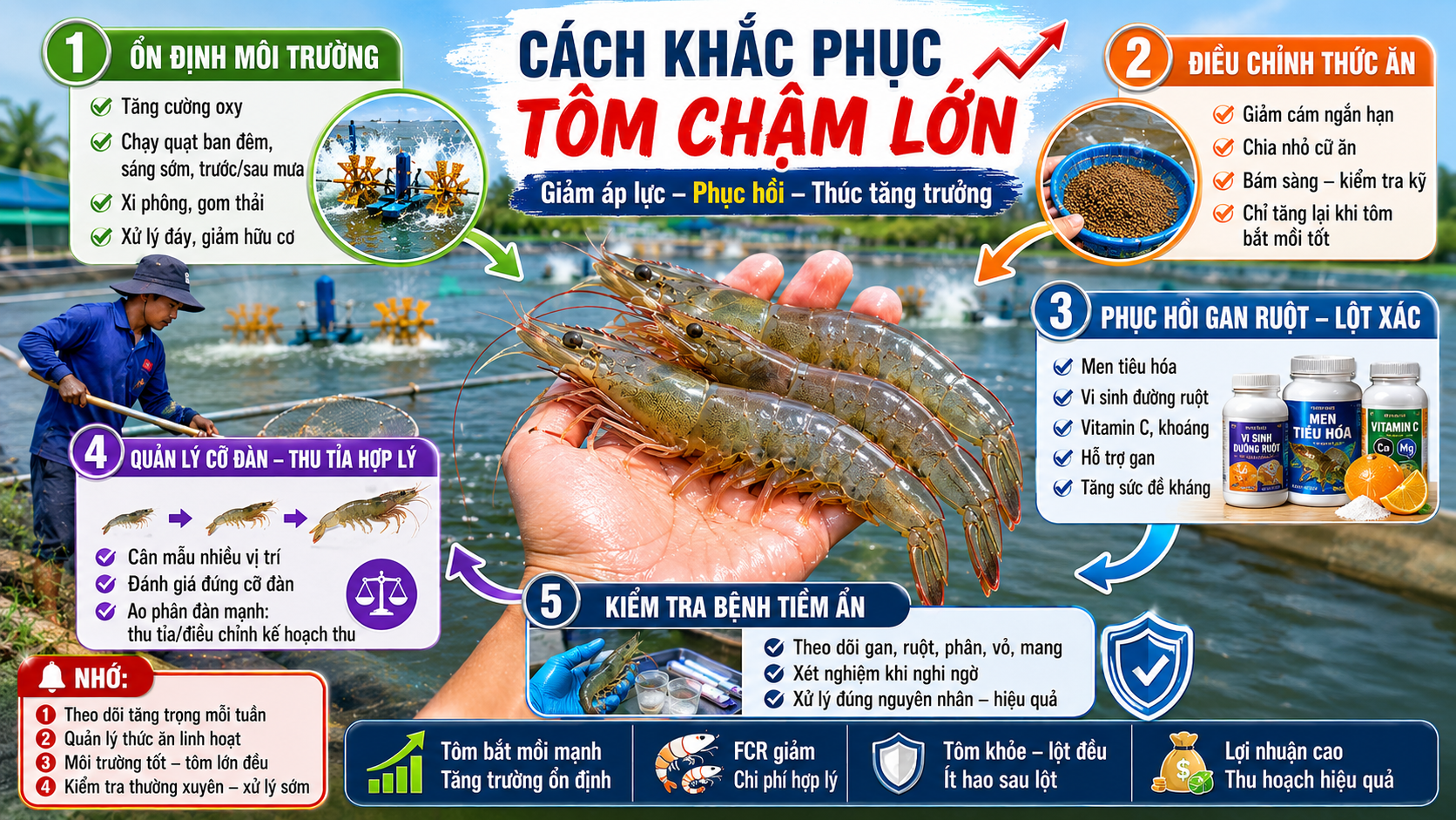 Cách khắc phục tôm chậm lớn cuối vụ