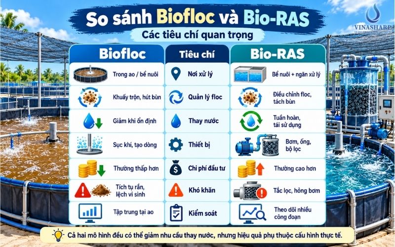 So sánh Biofloc và Bio-RAS theo các tiêu chí quan trọng